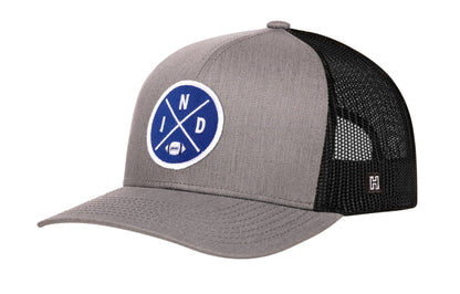 Indianapolis Football Trucker Hat, gray-black snapback showing Haka brandmark on left side of cap.