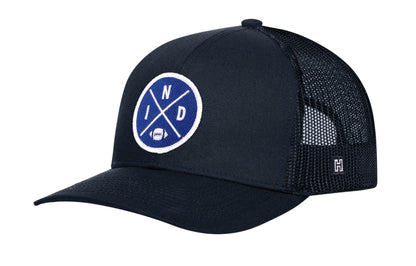 Indianapolis Football Trucker Hat, navy snapback showing Haka brandmark on left side of cap.