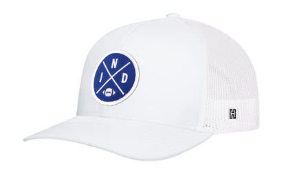 Indianapolis Football Trucker Hat, white snapback showing Haka brandmark on left side of cap.