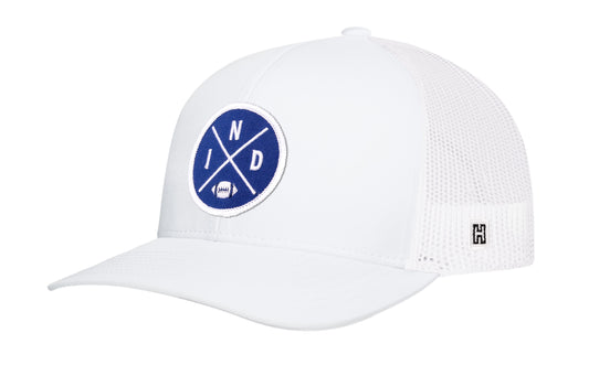 Indianapolis Football Trucker Hat, white snapback showing Haka brandmark on left side of cap.