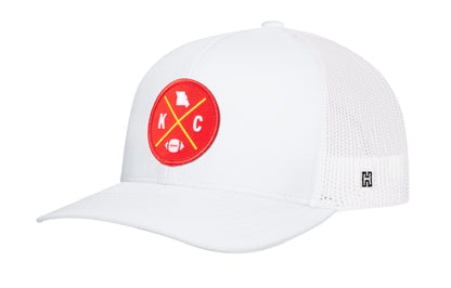 Kansas City Football Trucker Hat, white snapback showing Haka brandmark on left side of cap.