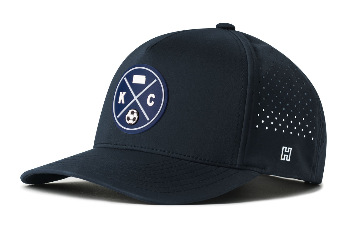 Kansas City KS Soccer Performance 5-Panel Hat, navy snapback showing Haka brandmark on left side of cap.