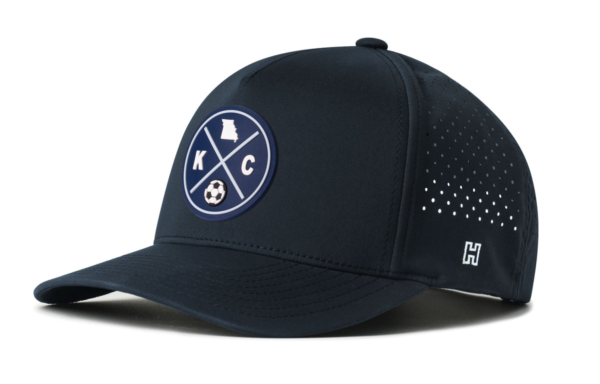 Kansas City MO Soccer Performance 5-Panel Hat, navy snapback showing Haka brandmark on left side of cap.