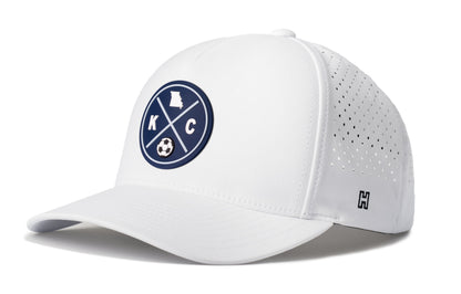 Kansas City MO Soccer Performance 5-Panel Hat, white snapback showing Haka brandmark on left side of cap.