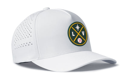 white performance 5-panel hat viewed from the right side, showcasing a bold green and gold pvc patch prominently displayed on the front