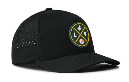 black performance 5-panel hat viewed from the right side, showcasing a bold green and gold pvc patch prominently displayed on the front