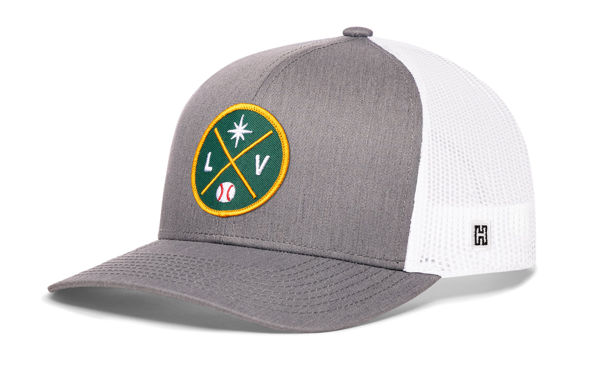 Las Vegas Baseball Trucker Hat, gray-white snapback showing Haka brandmark on left side of cap.