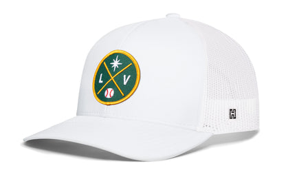 Las Vegas Baseball Trucker Hat, white snapback showing Haka brandmark on left side of cap.