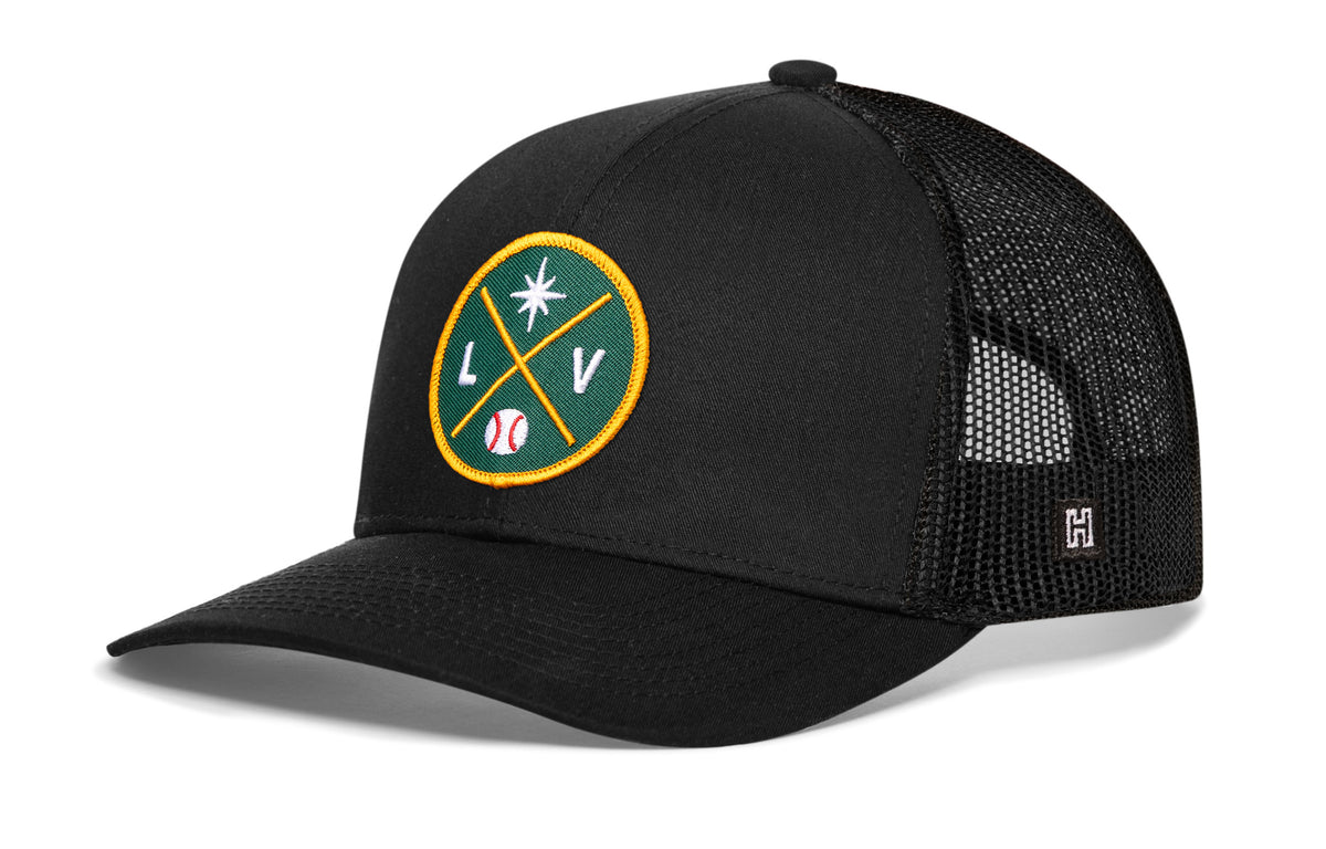Las Vegas Baseball Trucker Hat, black snapback showing Haka brandmark on left side of cap.