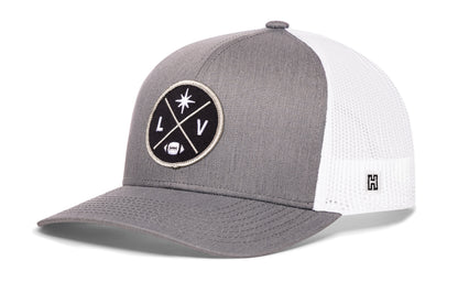 Las Vegas Football Trucker Hat, gray-white snapback showing Haka brandmark on left side of cap.