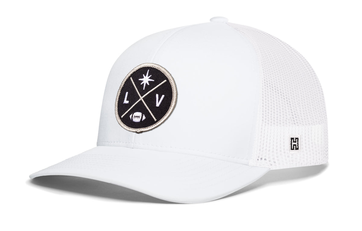 Las Vegas Football Trucker Hat, white snapback showing Haka brandmark on left side of cap.