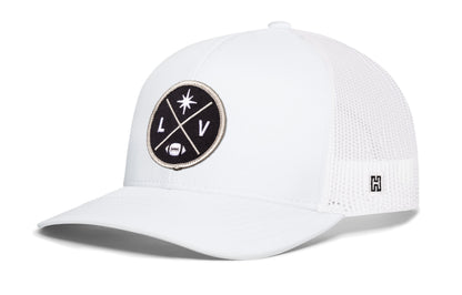 Las Vegas Football Trucker Hat, white snapback showing Haka brandmark on left side of cap.