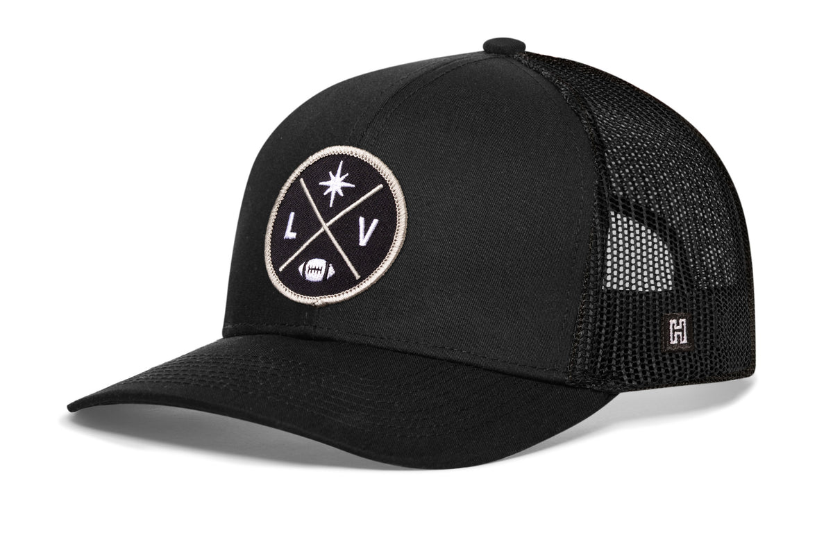 Las Vegas Football Trucker Hat, black snapback showing Haka brandmark on left side of cap.