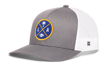 Los Angeles Football Trucker Hat, gray-white snapback showing Haka brandmark on left side of cap.