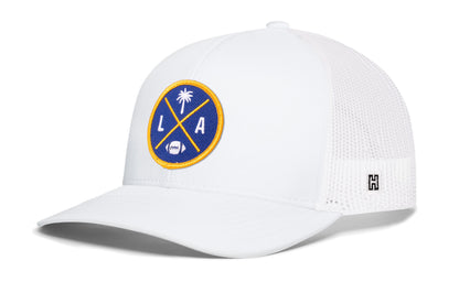 Los Angeles Football Trucker Hat, white snapback showing Haka brandmark on left side of cap.