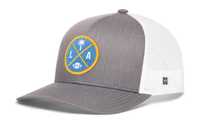 Los Angeles Football Trucker Hat, gray-white snapback showing Haka brandmark on left side of cap.