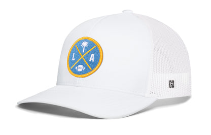 Los Angeles Football Trucker Hat, white snapback showing Haka brandmark on left side of cap.