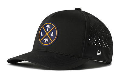 Los Angeles Soccer Performance 5-Panel Hat, black snapback showing Haka brandmark on left side of cap.