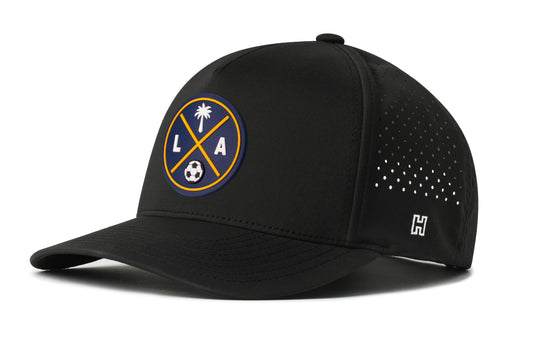Los Angeles Soccer Performance 5-Panel Hat, black snapback showing Haka brandmark on left side of cap.
