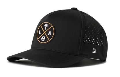 Los Angeles Soccer Performance 5-Panel Hat, black snapback showing Haka brandmark on left side of cap.