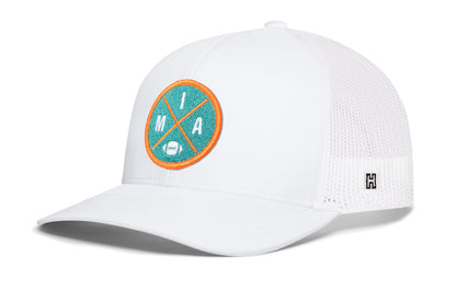 Miami Football Trucker Hat, white snapback showing Haka brandmark on left side of cap.