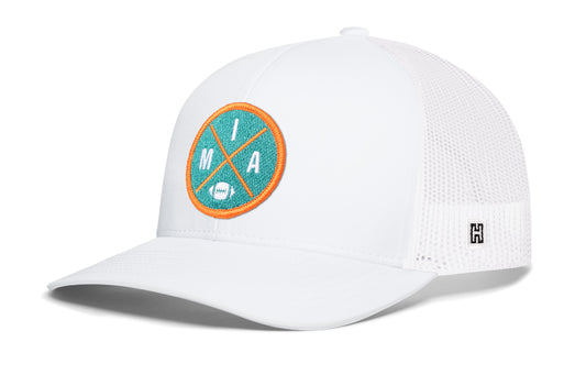 Miami Football Trucker Hat, white snapback showing Haka brandmark on left side of cap.