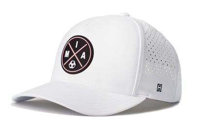 Miami Soccer Performance 5-Panel Hat, white snapback showing Haka brandmark on left side of cap.