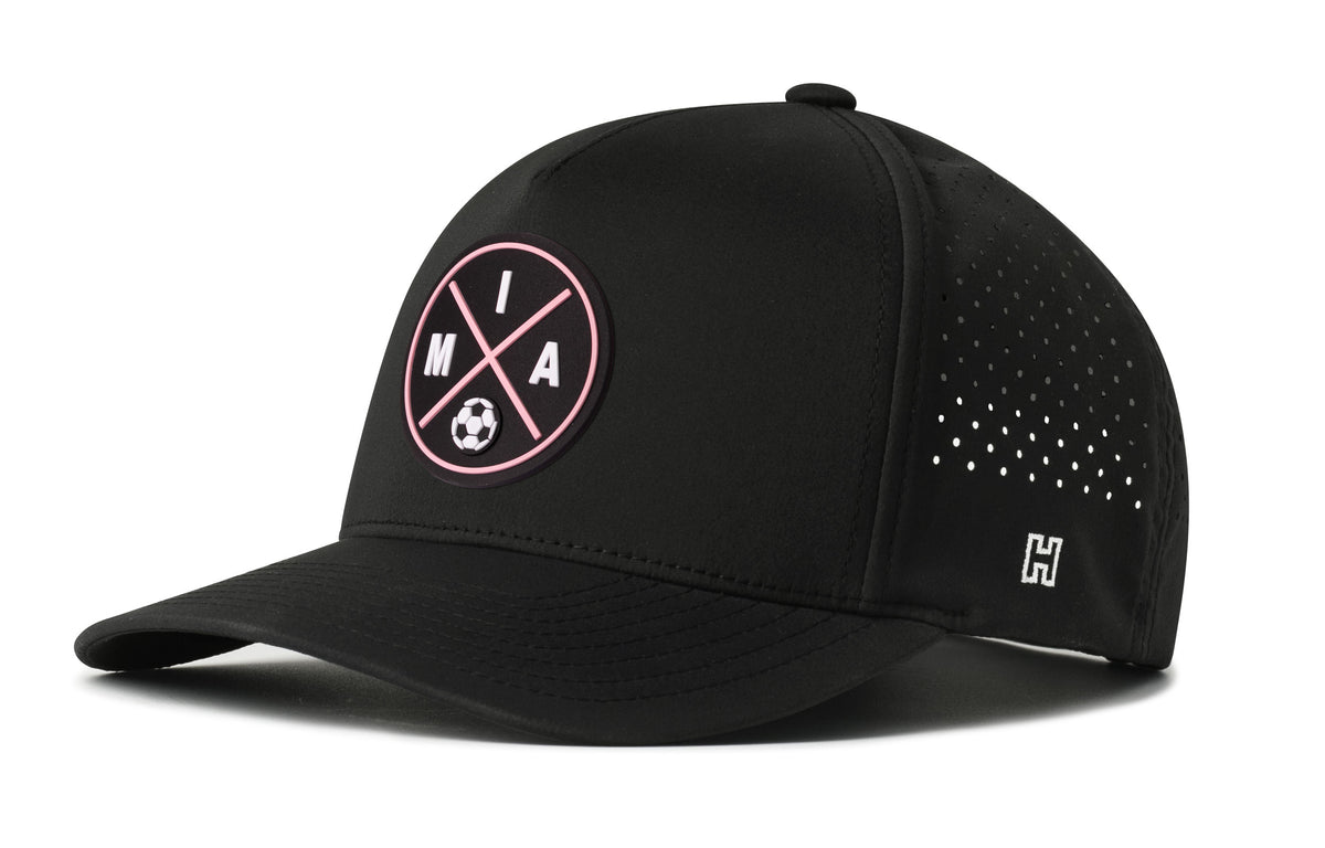 Miami Soccer Performance 5-Panel Hat, black snapback showing Haka brandmark on left side of cap.