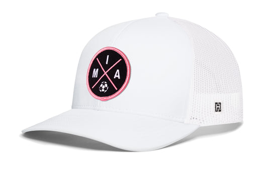 Miami Soccer Trucker Hat, white snapback showing Haka brandmark on left side of cap.