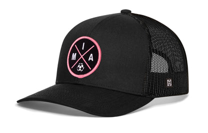 Miami Soccer Trucker Hat, black snapback showing Haka brandmark on left side of cap.