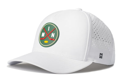 Minnesota Hockey Performance 5-Panel Hat, white snapback showing Haka brandmark on left side of cap.