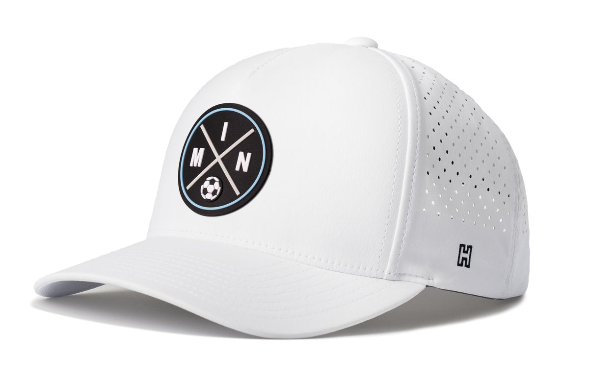 Minnesota Soccer Performance 5-Panel Hat, white snapback showing Haka brandmark on left side of cap.
