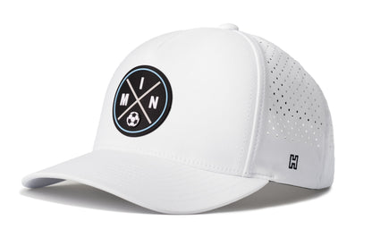 Minnesota Soccer Performance 5-Panel Hat, white snapback showing Haka brandmark on left side of cap.