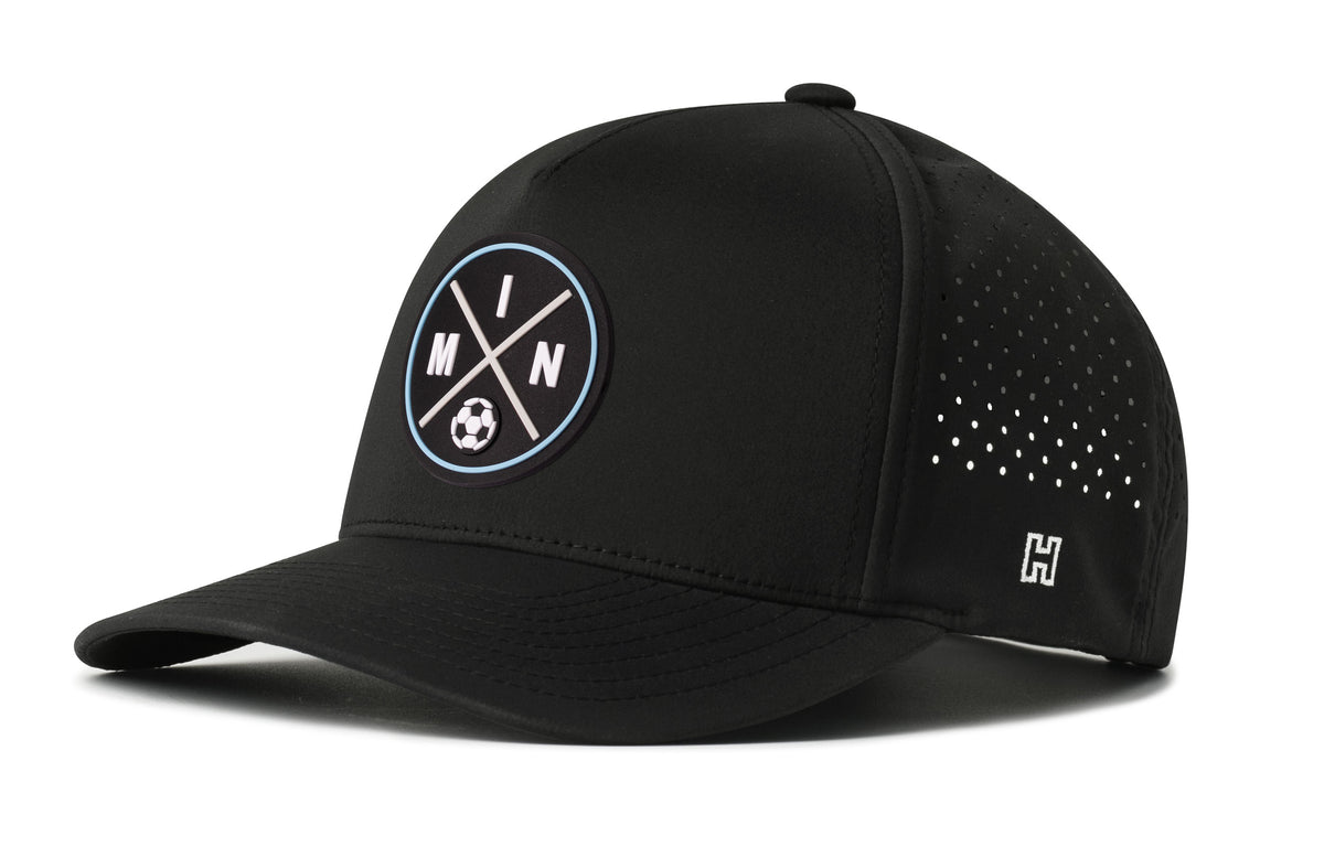 Minnesota Soccer Performance 5-Panel Hat, black snapback showing Haka brandmark on left side of cap.