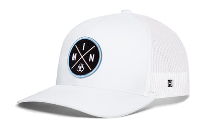 Minnesota Soccer Trucker Hat, white snapback showing Haka brandmark on left side of cap.