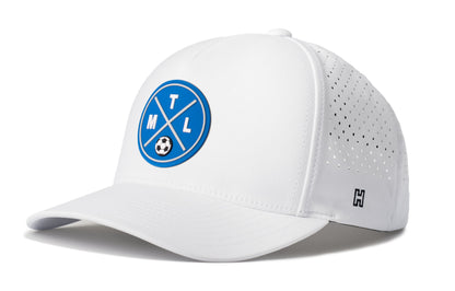 Montreal Soccer Performance 5-Panel Hat, white snapback showing Haka brandmark on left side of cap.