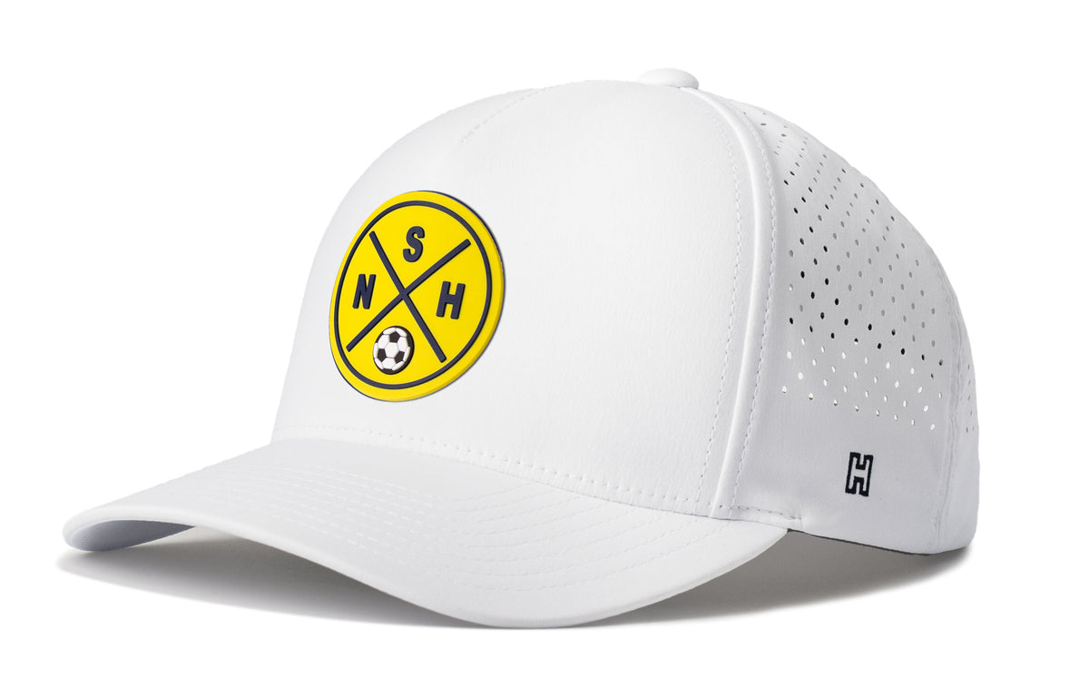 Nashville Soccer Performance 5-Panel Hat, white snapback showing Haka brandmark on left side of cap.