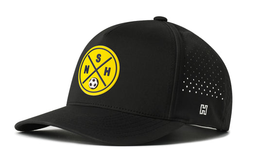 Nashville Soccer Performance 5-Panel Hat, black snapback showing Haka brandmark on left side of cap.