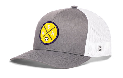 Nashville Soccer Trucker Hat, gray-white snapback showing Haka brandmark on left side of cap.