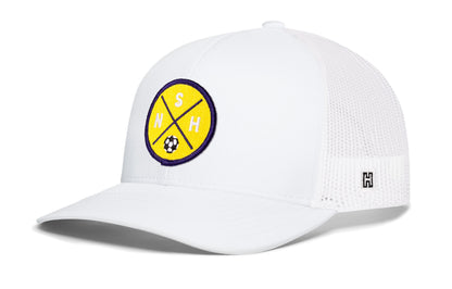 Nashville Soccer Trucker Hat, white snapback showing Haka brandmark on left side of cap.