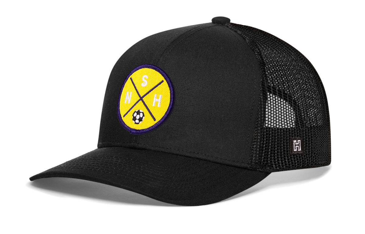 Nashville Soccer Trucker Hat, black snapback showing Haka brandmark on left side of cap.