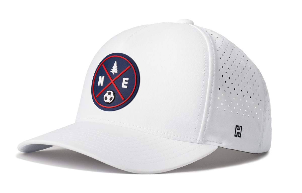 New England Soccer Performance 5-Panel Hat, white snapback showing Haka brandmark on left side of cap.