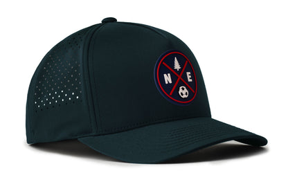 navy performance 5-panel hat viewed from the right side, showcasing a bold red and blue pvc patch prominently displayed on the front