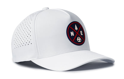 white performance 5-panel hat viewed from the right side, showcasing a bold red and blue pvc patch prominently displayed on the front