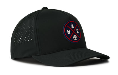 black performance 5-panel hat viewed from the right side, showcasing a bold red and blue pvc patch prominently displayed on the front