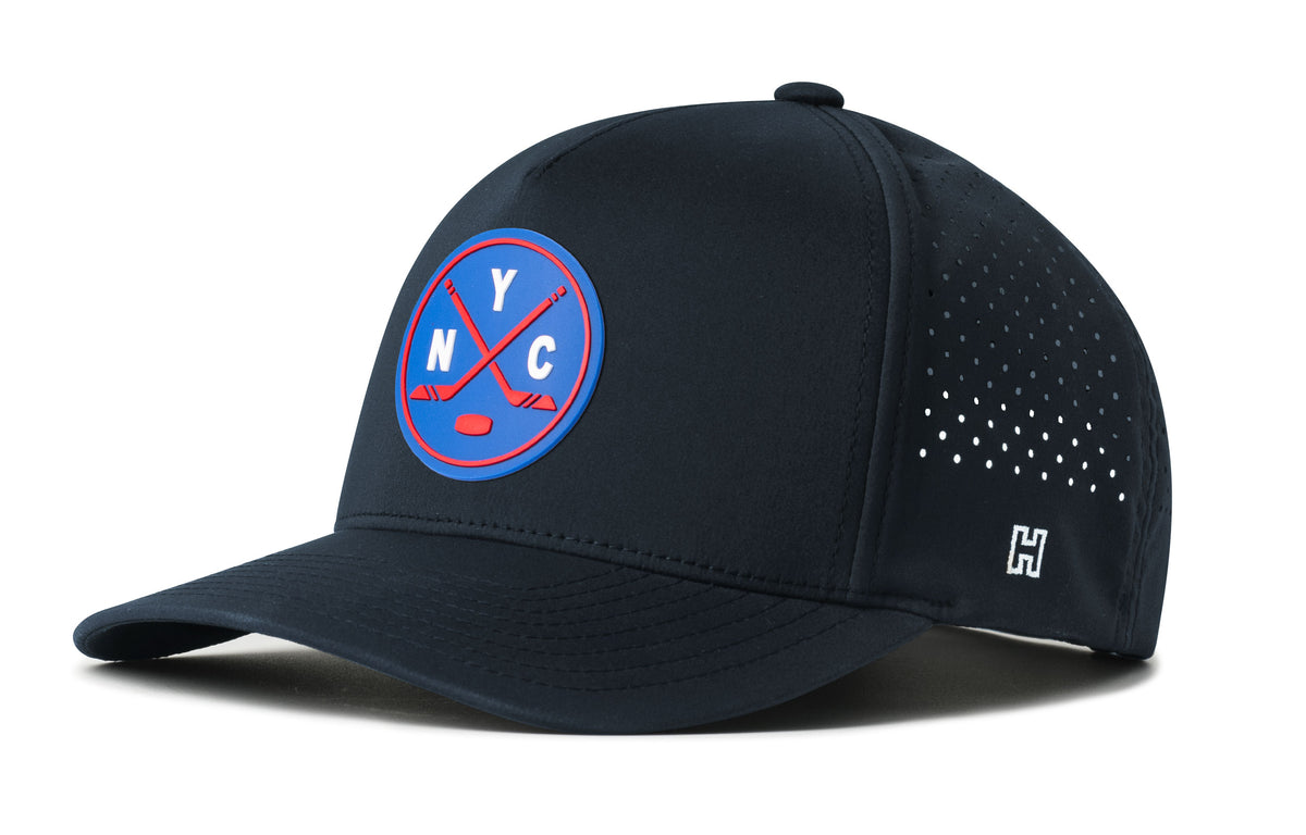 New York City Hockey Performance 5-Panel Hat, navy snapback showing Haka brandmark on left side of cap.