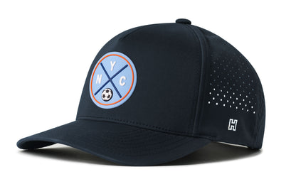 New York City Soccer Performance 5-Panel Hat, navy snapback showing Haka brandmark on left side of cap.