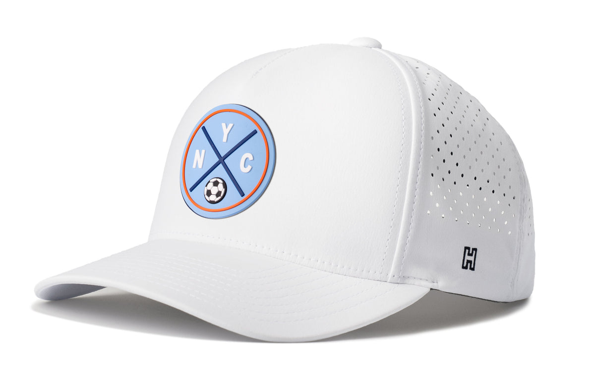 New York City Soccer Performance 5-Panel Hat, white snapback showing Haka brandmark on left side of cap.