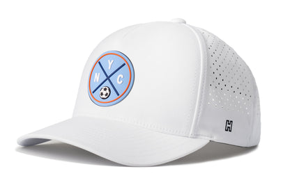 New York City Soccer Performance 5-Panel Hat, white snapback showing Haka brandmark on left side of cap.