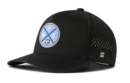 New York City Soccer Performance 5-Panel Hat, black snapback showing Haka brandmark on left side of cap.